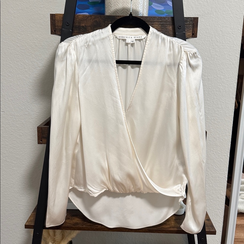 Veronica Beard Silk Wrap Blouse Ivory Long Sleeve Draped Designer Top 100% Silk